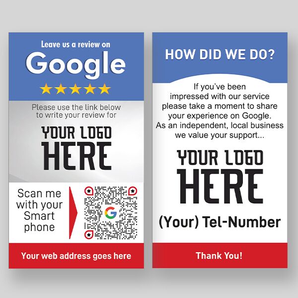 The "500 Google My Business Review Cards" feature two side-by-side cards for businesses. Each card includes a placeholder for the company logo. The left card prompts customers to leave a Google review via a QR code, while the right card invites them to share their experience on Google and provides space for including a phone number.