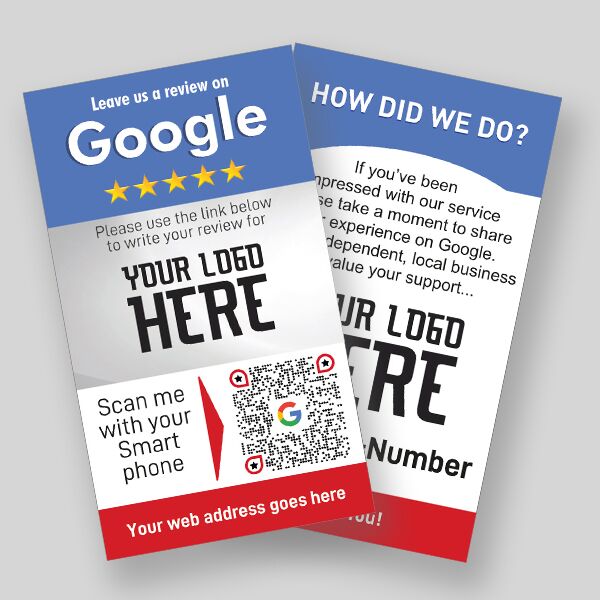 Two rectangular review cards from the "500 Google My Business Review Cards" set promote business reviews on Google. One card encourages users to leave a review and includes a QR code, a placeholder for a logo, and spaces for the business name and web address. The other card asks "How did we do?" and has similar placeholders.