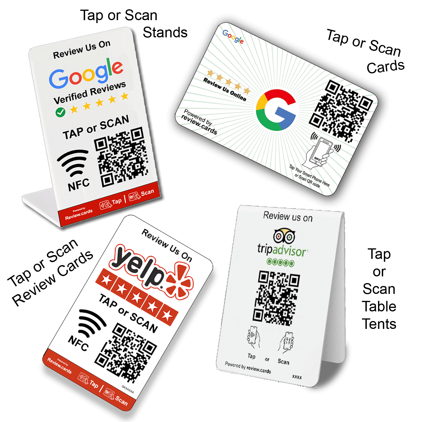 Four review cards encouraging users to leave reviews on different platforms: Google, Yelp, and TripAdvisor. Each card has QR codes, NFC tags, and TAP or SCAN options for easy access to the review pages. The cards feature platform logos and star ratings illustrations.