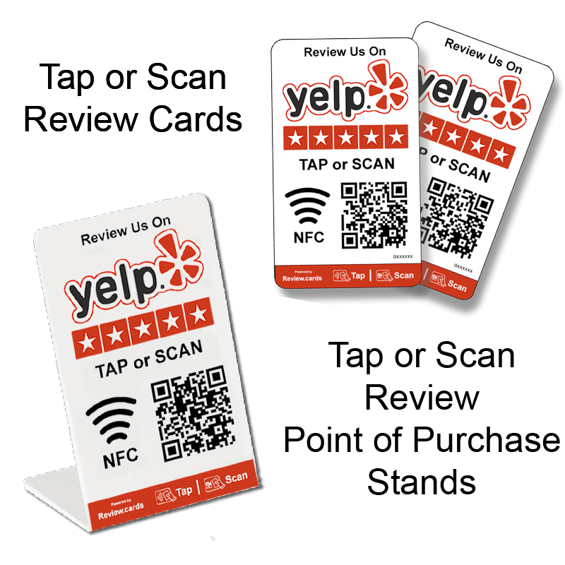 Three "Yelp Tap or Scan Smart Review Cards - Free Delivery" feature QR codes and NFC symbols. The cards are designed to prompt users to tap or scan to leave a Yelp review. Each card has a red Yelp logo, five stars, and technology icons highlighting the Yelp tap or scan functionalities.