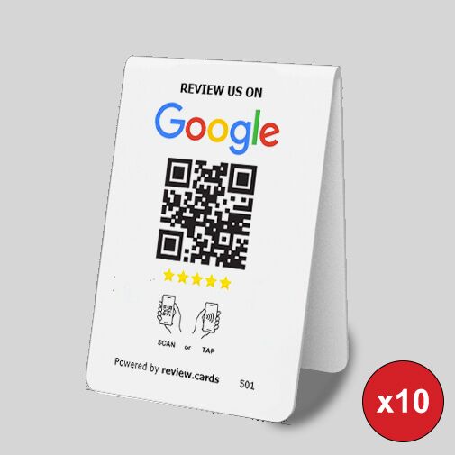 A white card displays "Review us on Google" with a QR code and a five-star rating graphic. Below the QR code are icons instructing to "Tap or Scan." The bottom text reads "Powered by review.cards." A red circle with "x10" indicates a set of 10 Google Tap or Scan Table Tents.