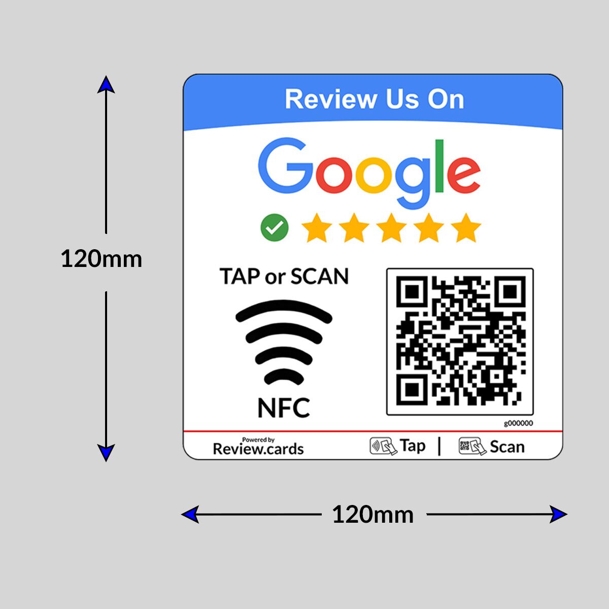 The Google NFC Review Plates feature a square image measuring 120mm by 120mm that encourages users to "Review Us On Google." It includes a QR code, an NFC symbol, and a five-star rating beneath the Google logo. At the bottom, there are instructions stating "TAP or SCAN" along with the "Review.cards" branding.