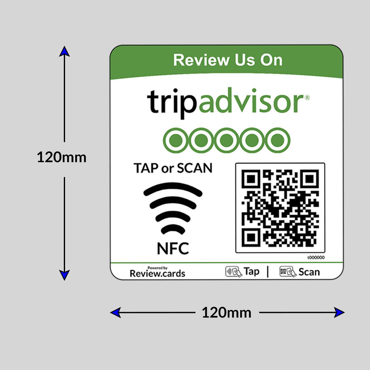 The TripAdvisor NFC Review Plates are square cards, each measuring 120mm by 120mm. They feature the TripAdvisor logo, five green circles, and a QR code for easy scanning. The text encourages users to tap or scan for reviews. Powered by "Review.cards," these plates ensure seamless feedback collection through their NFC capabilities.