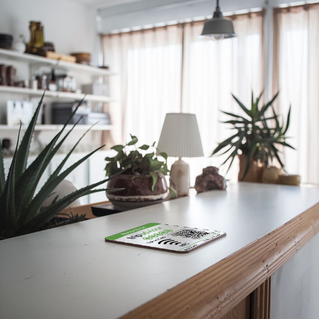 A well-lit room with sheer curtains features an aloe plant and another leafy plant on a white counter. A TripAdvisor NFC Review Plate, along with Wi-Fi information, lies on the counter, reminiscent of seamless check-ins. Shelves with various objects and a table lamp are in the background.